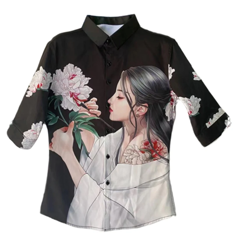 

Loldeal British Style Shirt Half Sleeve Slim Fit Beauty Print Casual Lapel