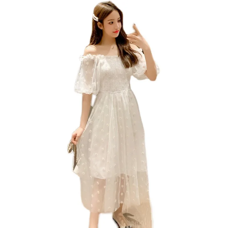 

2021 Korean Summer Women Floral Dress Slash Neck White Blue Embroidery Mesh Beach Dress Elegant Feminine Puff Sleeve Midi Dress