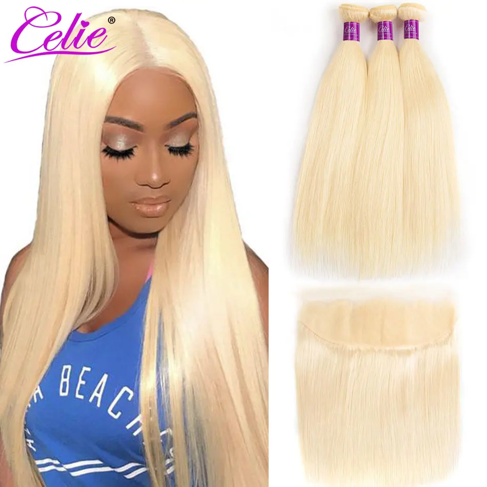 Светлые прямые пучки волос с фронтальной связью Remy 3 пучка прямой блонд закрытыми
