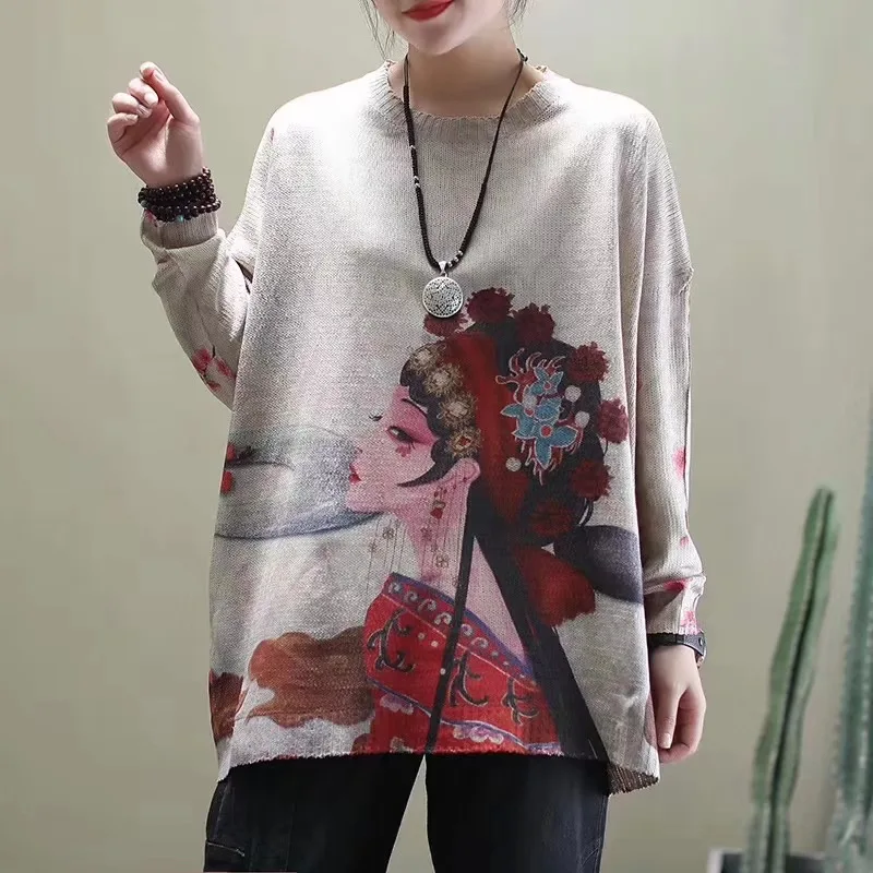 

Spring Casual Women Long Sleeve Pullover Knitted Tops Girls Plus Size Vintage Printed Cotton Blouse Mujer De Robe Sweaters Shirt
