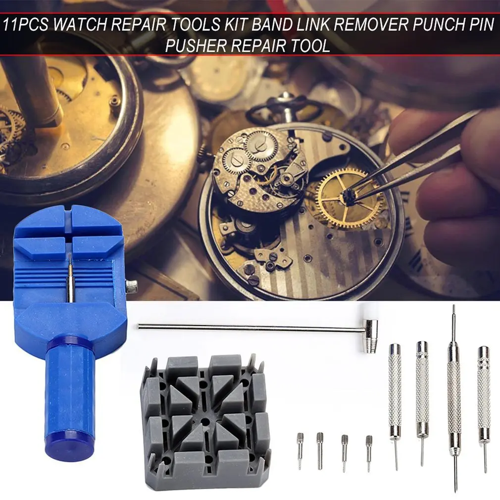 

11Pcs Watch Repair Tools Kit Set Portable Watch Band Link Remover Spring Bar Pins Punch Pin Pusher Repair Tool Kit