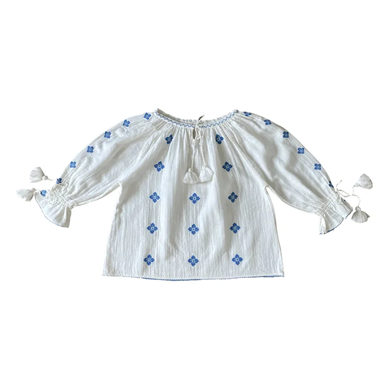 

LU Girls' tops 2021 new spring and summer blue flower camisole shirt puff sleeve half skirt suit ins children's clothing