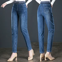 8019 spring autumn all match womens jeans high waist stretch capris slim casual elegant blue denim pants mom fashion breeches