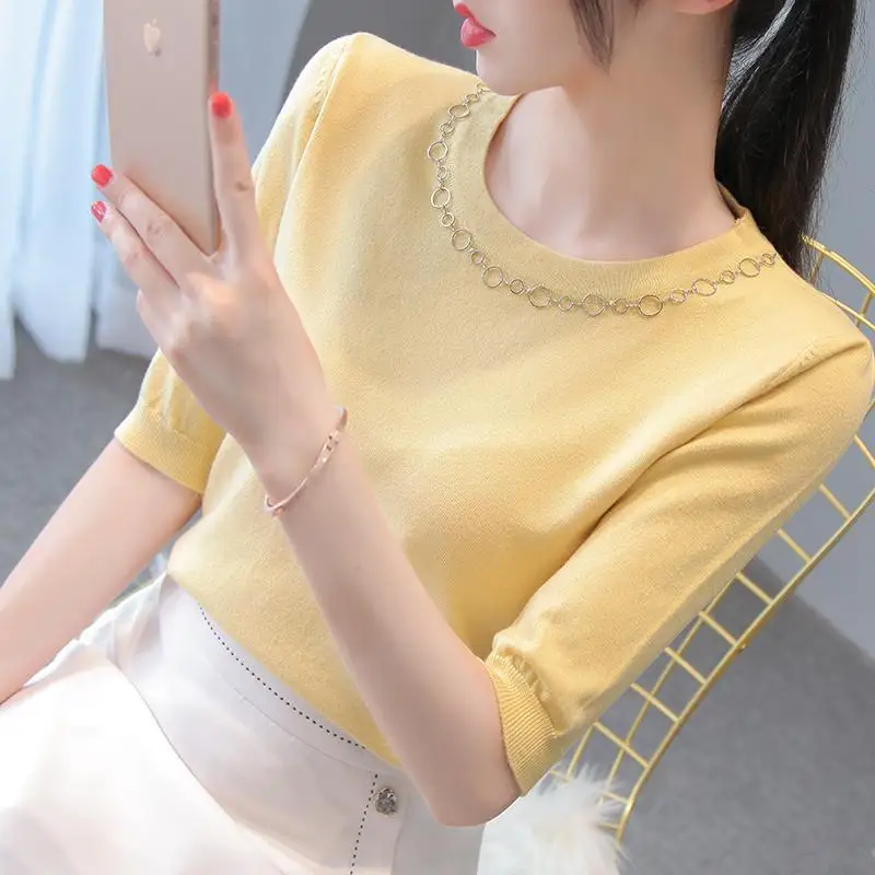 

2021 New Summer Women Fashion Korean Style Half Turtleneck Half Sleeve Knitted T-Shirt Female Causal Solid Jumper Tees Tops A35