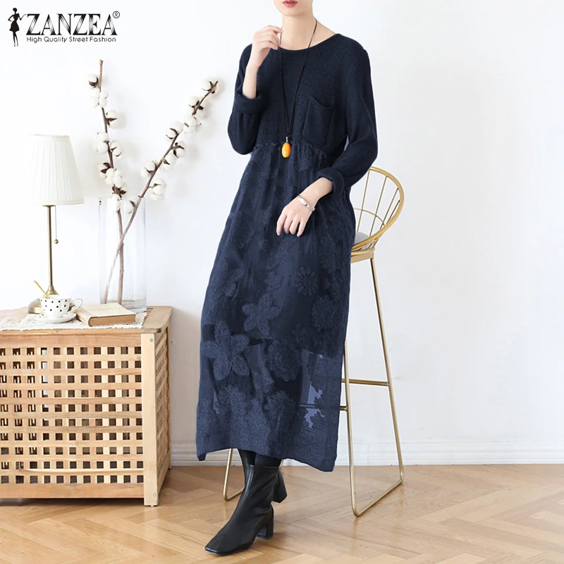 Платье ZANZEA женское кружевное в стиле пэчворк модный сарафан с длинным рукавом и