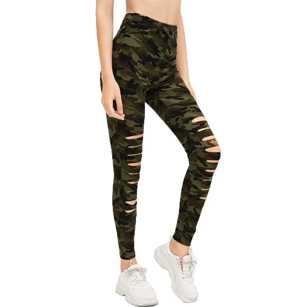 Punk Camouflage Print High Waist Leggings Fitness Women Casual Skinny Ankle Length Pants with Holes Slim Stretch Leggins Mujer