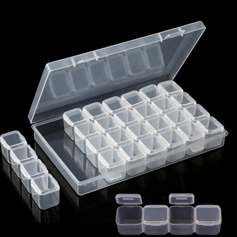 

28 Slots Clear Plastic Beads Holder Storage Box For Nail Art Manicure Tools Jewelry Display Case Organizer Box