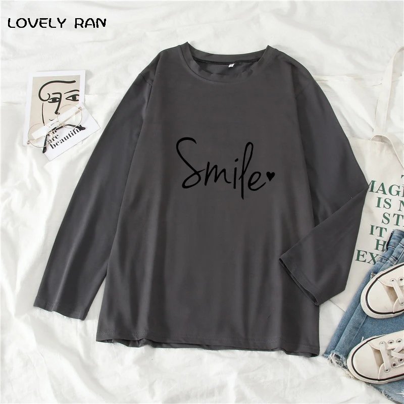 

Long Sleeve Letter Printed Smile Women's T-Shirt O-Neck Candy Color Couples Streetwear Fashion Casual Simple Lady Top Spring