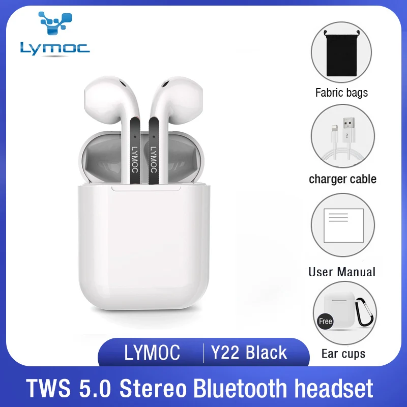 LYMOC Y22 Bluetooth наушники 5,0 TWS беспроводные наушники Авто парные стерео спортивные наушники с HD микрофоном умный голос для iPhone Xiaomi - Цвет: Black fabric bags