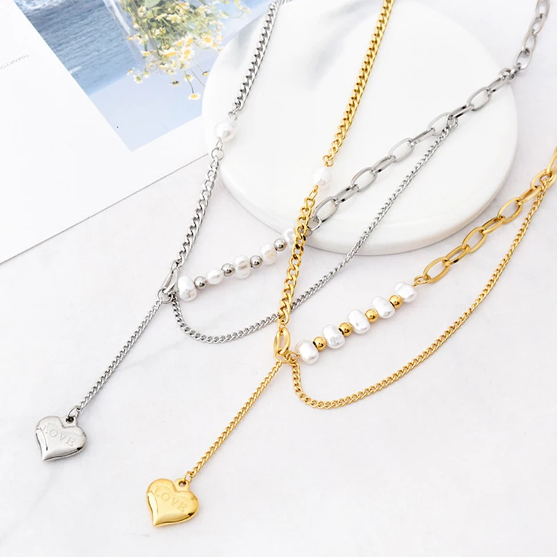

MEYRROYU Stainless Steel Two Color Pearl Heart Pendant Necklaces For Women Double Layer Choker 2021 Trendy Fashion Gift Jewelry