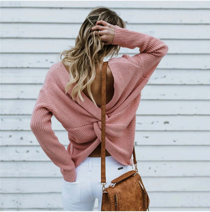 Модный женский свитер Осень-зима длинный рукав v-образный вырез открытая спина