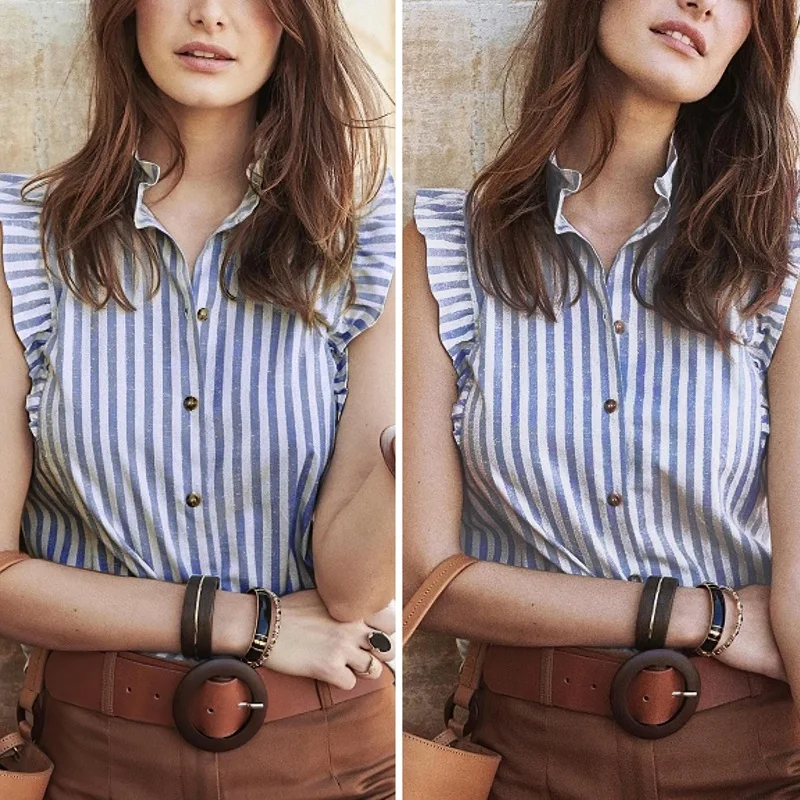 Летняя Базовая Женская Полосатая футболка без рукавов с принтом Ретро рюшами