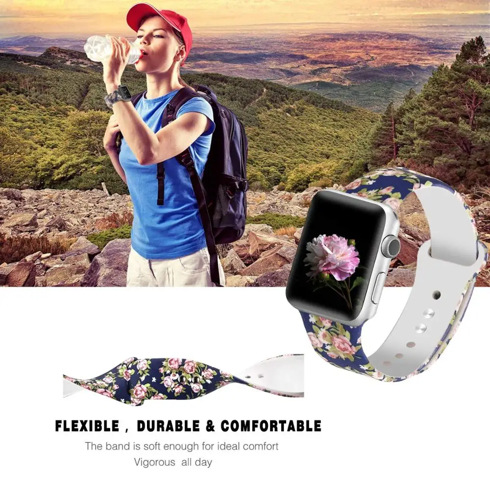 Печатные силиконовый ремешок для наручных часов Apple Watch 38 мм/40 мм 42 мм/44 мм спортивный ремешок для наручных часов iwatch серии 4/3/2/1 Смарт-часы браслет