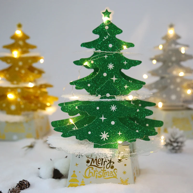 

LuanQI 3D Christmas tree Pop Up Greeting Cards With LED Light Christmas Blessing Message Postcard For New Year Gifts Ornaments