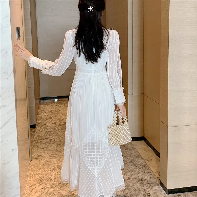 

CBAFU women cute white pleated dress lace up long sleeve casual long dredd bow tie stand neck party vestidos see through M444