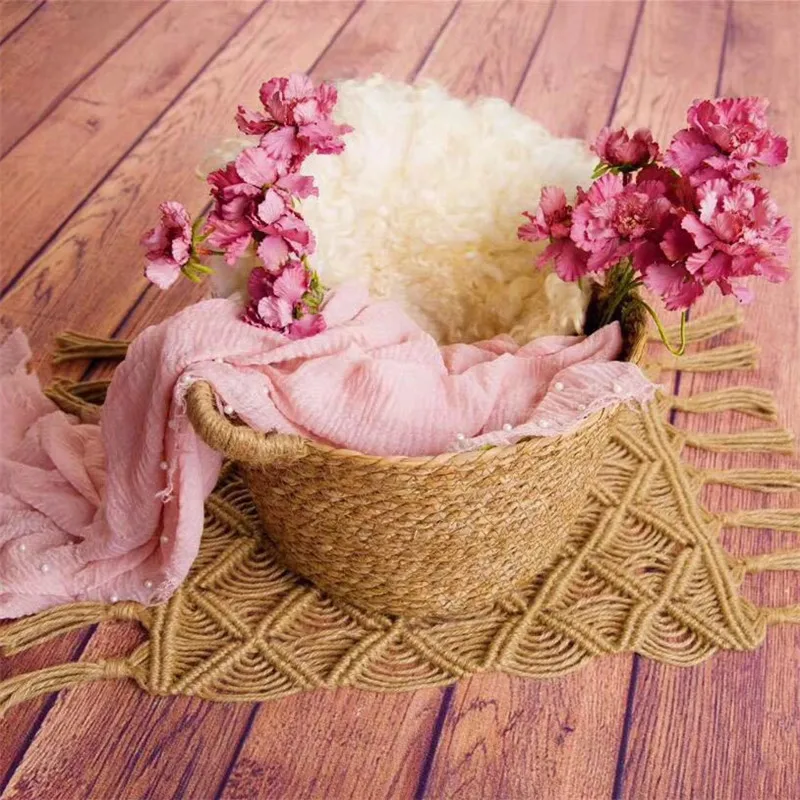 

Newborn Props for Photography Natural Linen Weaving Double Barrel Bed Fotografia Infantil Baby Posing Sofa Handwoven Basket Boy