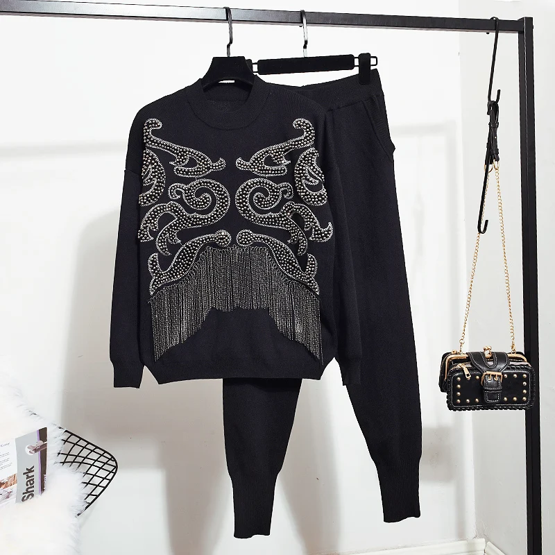 

2021 Autumn Beaded Tassel Knitted Tracksuit Women Long Sleeve Sweater + Casual Pants Two Piece Set Female Fashion Outfits H1600