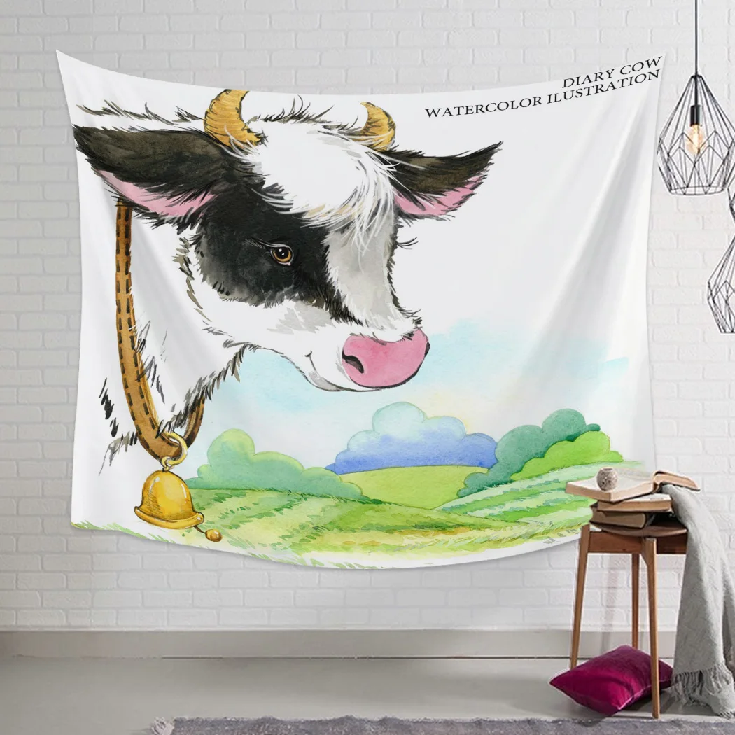 Современный настенный гобелен на стену с рисунком коровы акварелью украшение