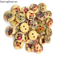 15mm mixed owls new printed round wooden button 2 holes mixed wood buttons sewing accessories for clothing decoration diy
