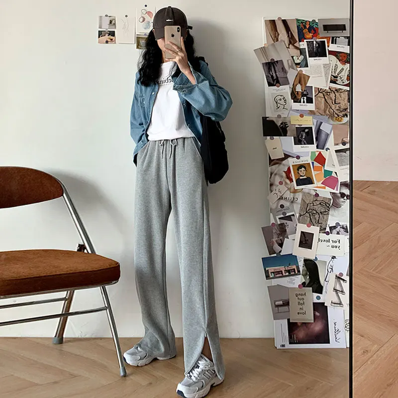 

Gray Split Wide Leg Pants Women's High Waist Drooping Loose Straight Spring and Autumn Small Casual Track Sweatpants Summer Thin