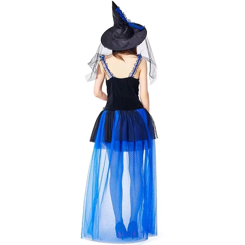 

Blue Lace Skirt Gothic Woman Halloween Witch costumes Female Sorceress Cosplay Carnival Purim Masquerade Nightclub party dress