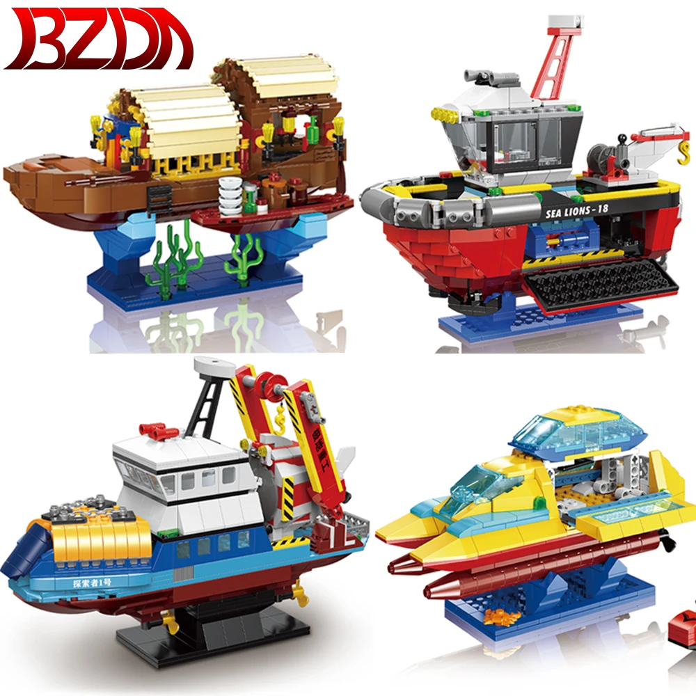 

BZDA Ship Model Building Blocks Series Polar Research Ship Catamaran Ancient Flower Boat Figures Bricks Children Toys For Boys