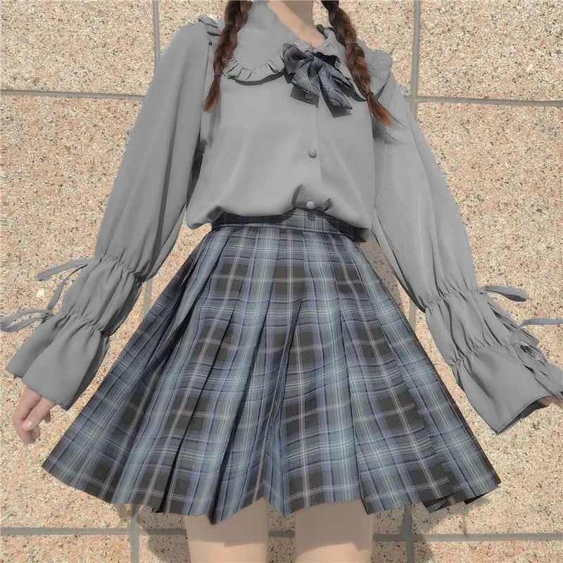 

JK College Style Shirts Lantern Sleeve Elegant Shirt Black Sexy Button Vintage Blouse Collar Office Ladies Shirt Female Casual