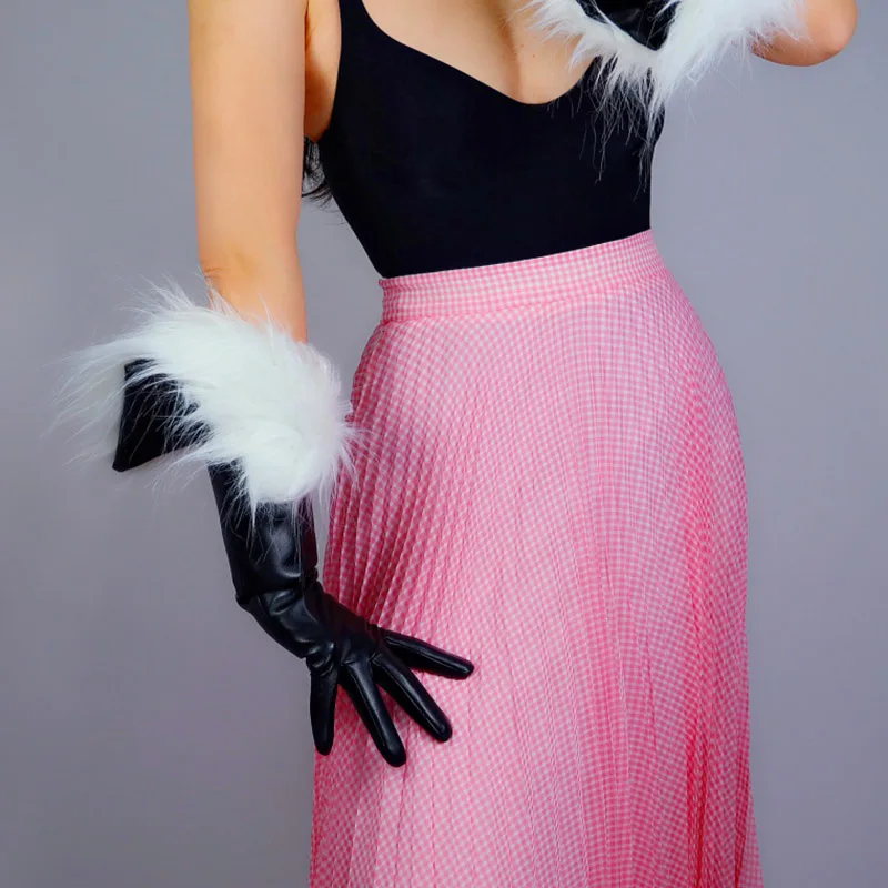 

LATEX LONG GLOVES Unisex Black Faux Leather 50cm Fur Lining Extra Warm Winter Women Leather Gloves PU247