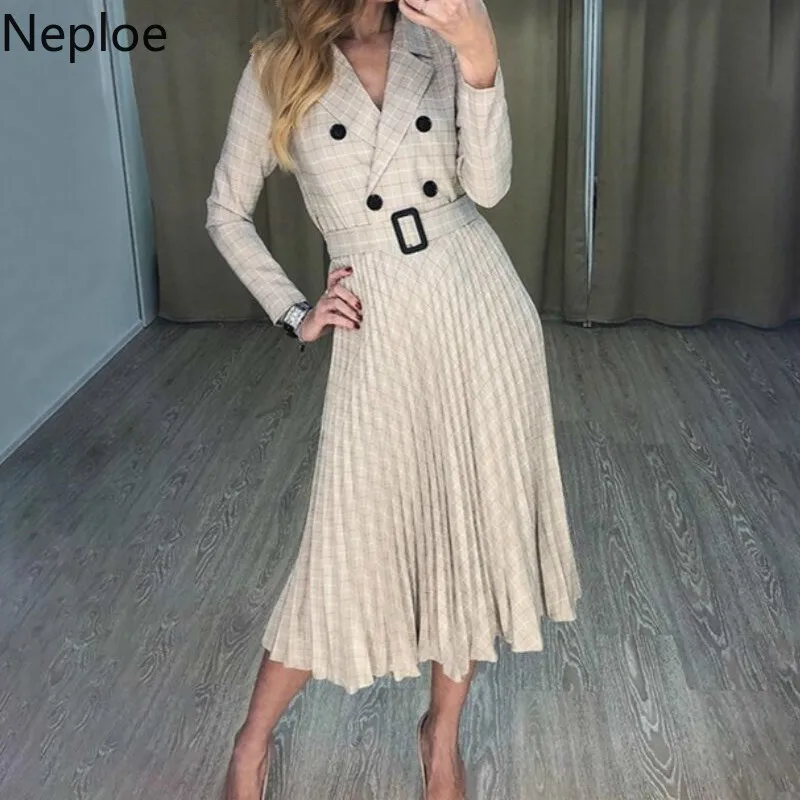 Neploe Осень зима новинка тонкий пояс плиссированное ТРАПЕЦИЕВИДНОЕ ПЛАТЬЕ