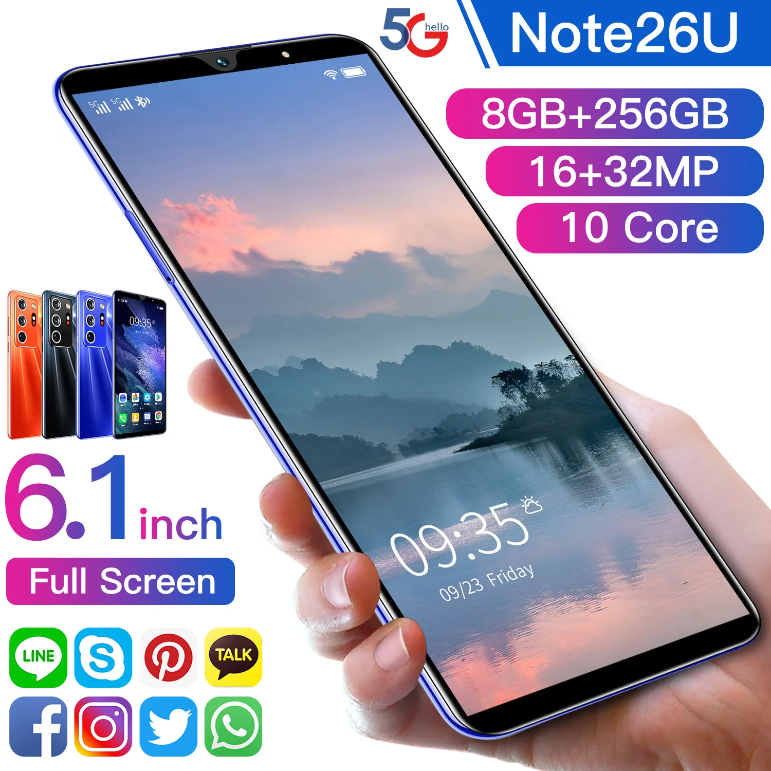 

New Arrival 1440*3200 Note26U 6.1Inch 10Core 8+256GB Flash Memory 16+32MP 4800mAh Battery Dual SIM Android10 Fingerprint ID