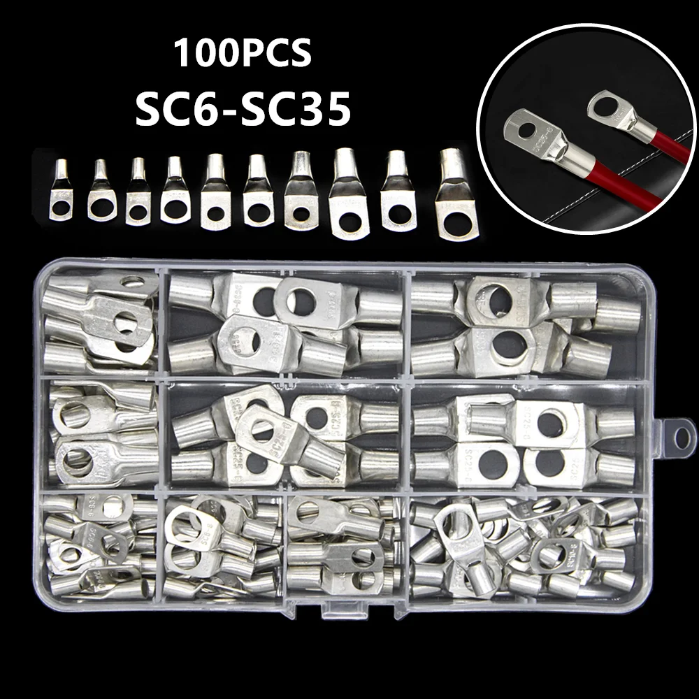 

100Pcs SC6-35 Tinned Copper Bare Terminals Lugs Ring Crimp Connector Battery Wire Cable Soldered Connectors Kit