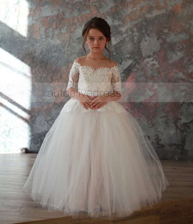 

Ivory Lace Tulle Peplum Flower Girl Dress With Nude Lining Children Wedding Party Gown Kid First Communion Dress