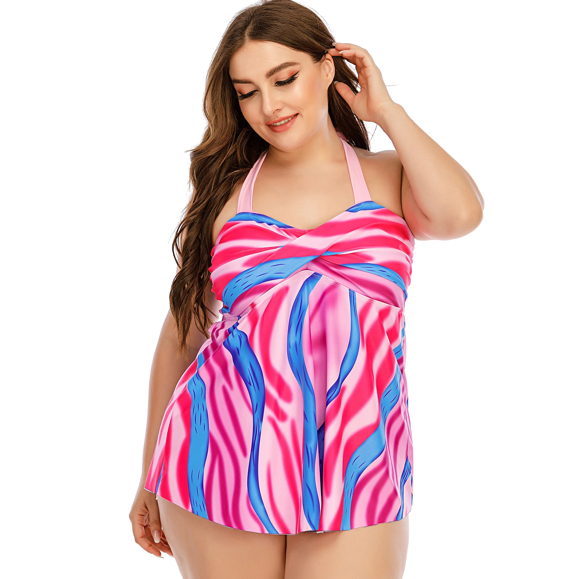 

Luren Plus Size Swimwear 2021Skirt Pink Striped Candy Color Suspender Skirt Split Swimsuit Super Large Size Bikini 5XL