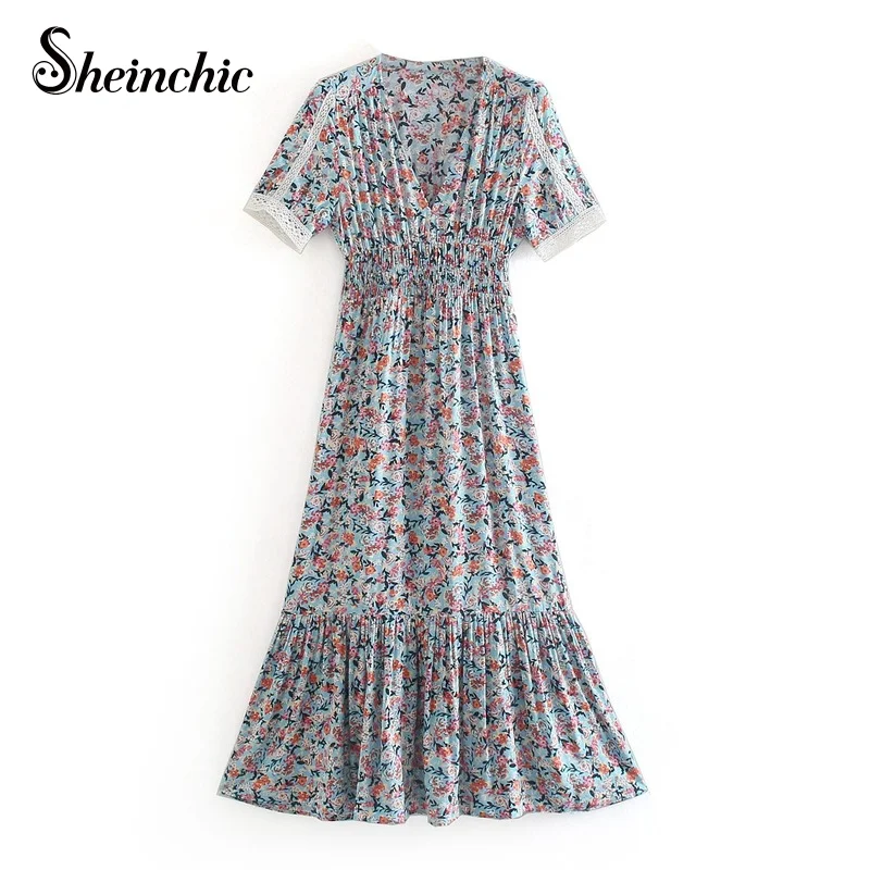 

Vacation Bohemian Floral Printed Long Dresses for Women 2021 Summer Boho V-neck Short Sleeve Pleated Maxi Dress