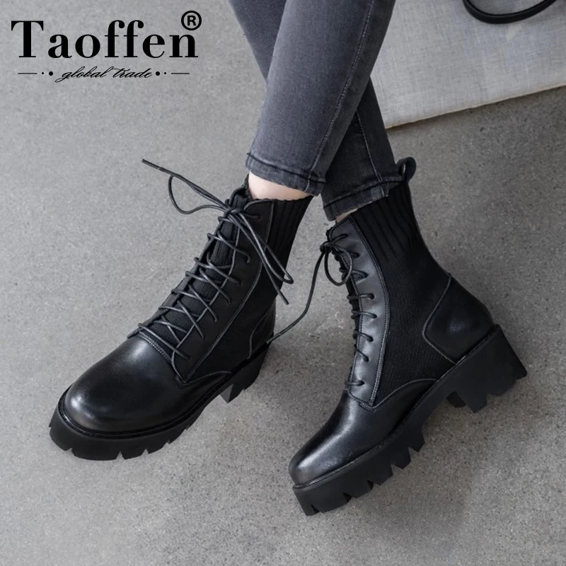 Taoffen/женские сапоги до колена повседневная трикотажная обувь из натуральной кожи