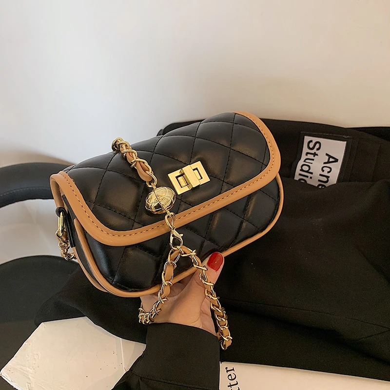 

2021 Brand Color Contrast Lingge Women's Shoulder Bag Luxury Handbag Metal Bead Chain Crossbody Bag Flip Square Bag Female Purse