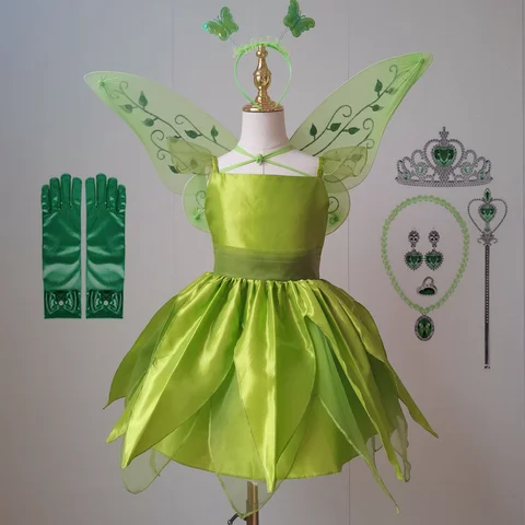 Фея Динь-Динь платье для девочек с зелеными цветами эльфом детское косплей принцесса бальное платье Хэллоуин маскарадные костюмы для детей