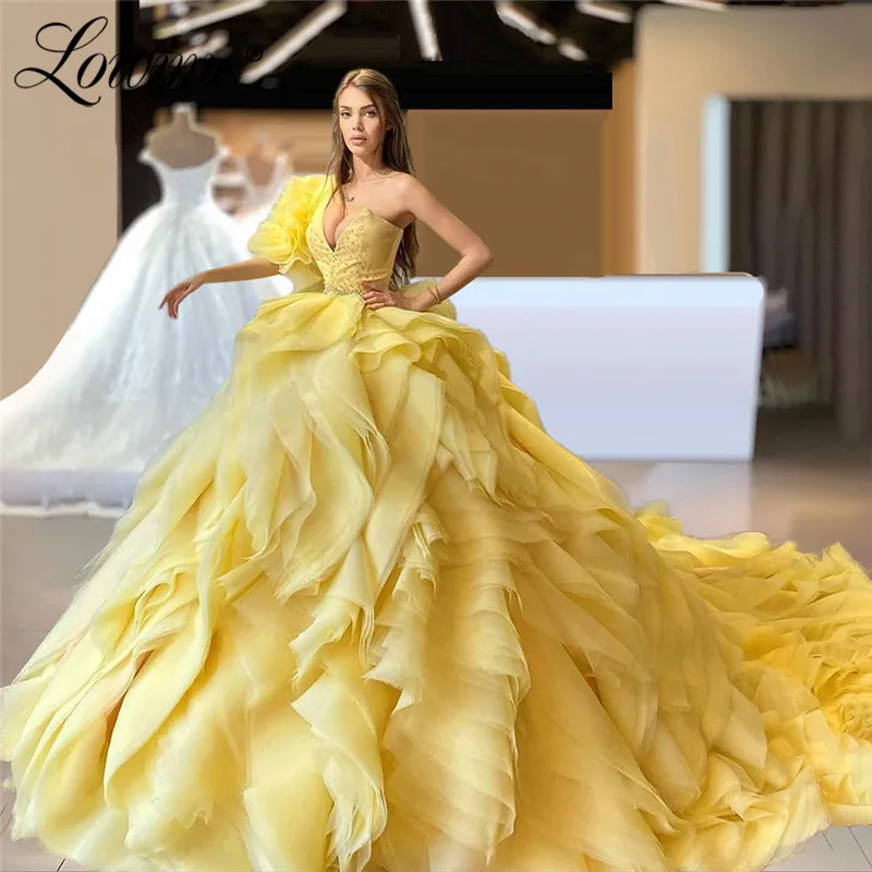 

Puffy Yellow Long Prom Dresses Tiered Cloud Plus Size Custom Made Wedding Party Dress Robes De Soiree Evening Gowns 2021 Vestido