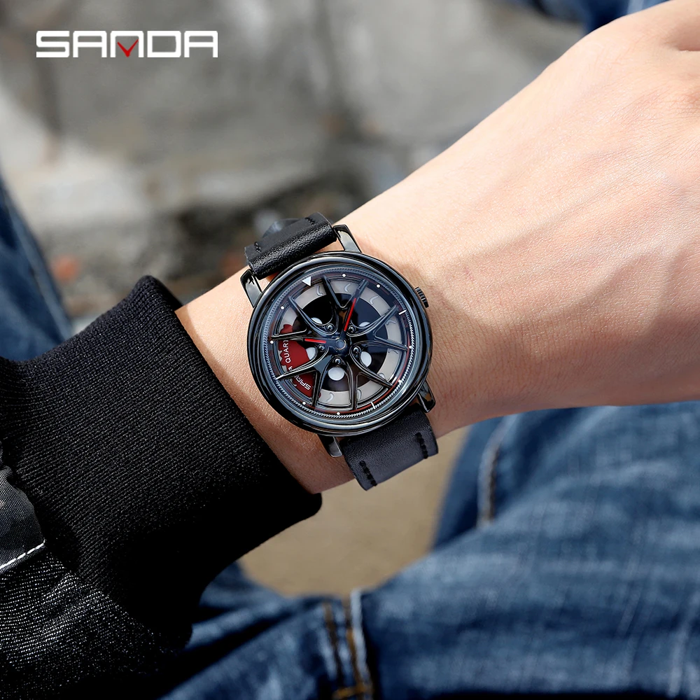 SANDA Для мужчин концентратор часы индивидуальный дизайн автомобиля наручные кожа