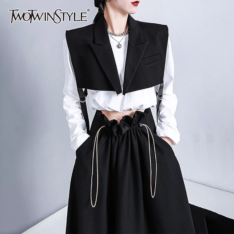 TWOTWINSTYLE элегантное черное пальто для женщин без рукавов с прорезями карманами