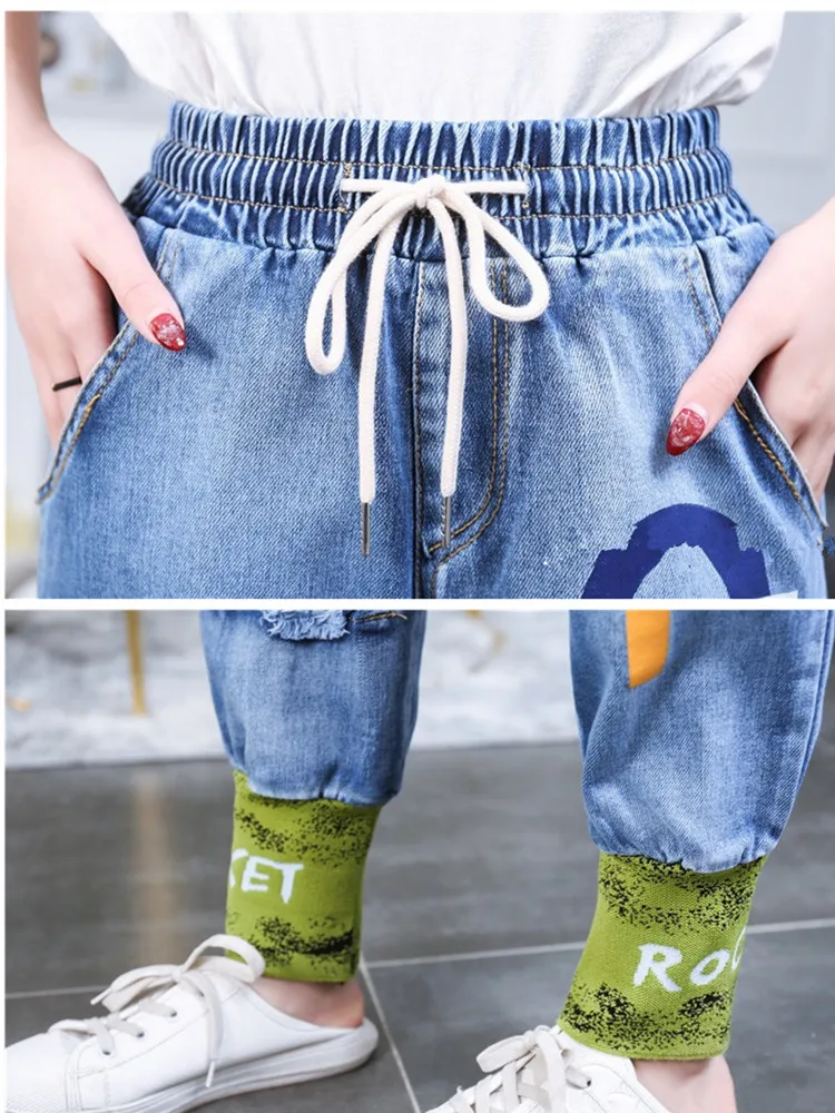 

Sequin patchwork leisure jeans women letter print jeans lady spring loose jeans for women 2020 oversized streetwear lacing jeans