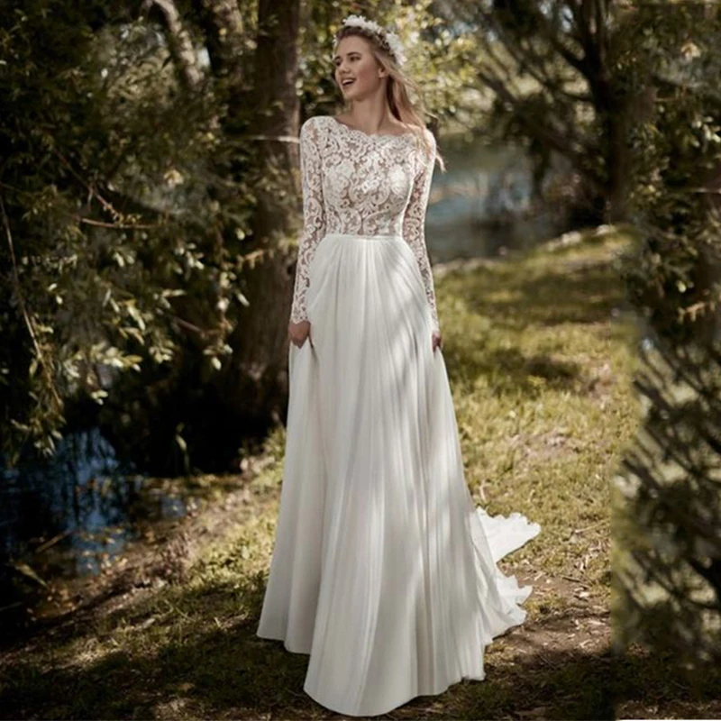 

Weilinsha Vintage Chiffon Beach Wedding Dresses 2020 Lace Applique Backless Vestidos De Novia Long Sleeves Robe De Mariee