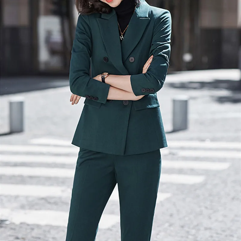 

Autumn Winter 2021 Women Korean Fashion Blazer Oversize Double Breasted Jacket Female Business Casual Two Piece Ladies Pant Suit