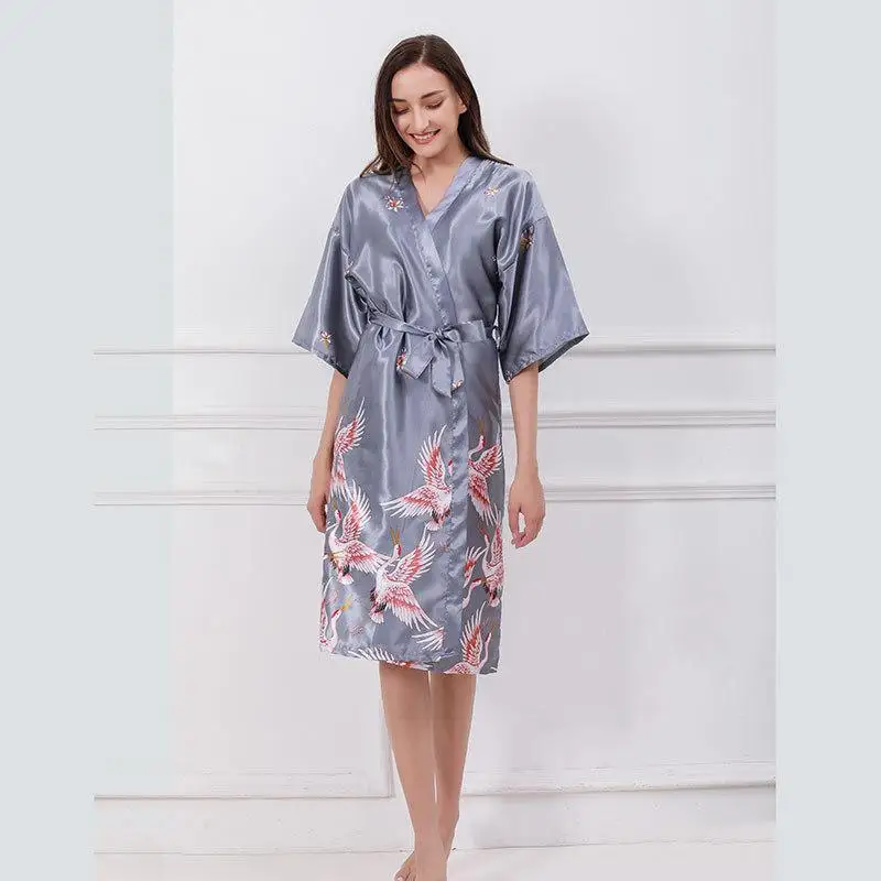 Lady Print Nightwear Home Clothing Burgundy Sleepwear Intimate Lingerie V-Neck Casual Bathrobe Gown Sexy Nightgown