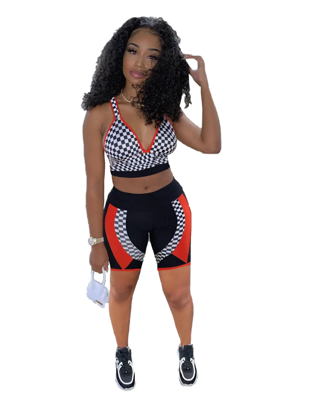 

Plaid Printing 2 Piece Set Women Sexy Black White Plaid Printing Suspender Top Shorts Suit Summer Women Two Piece Suit