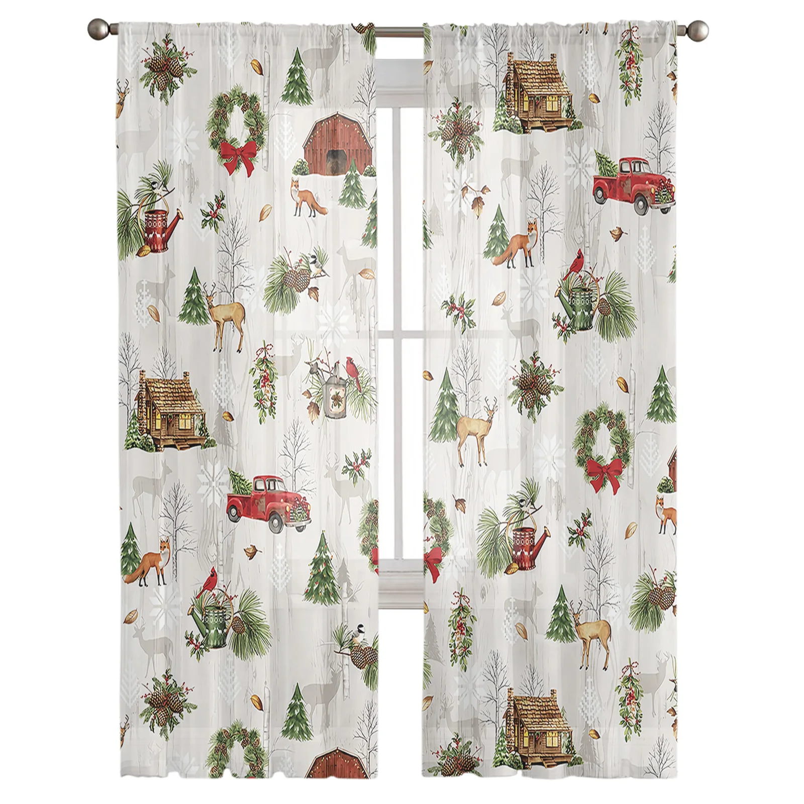 Рождественские красные прозрачные шторы в стиле ретро с грузовиком