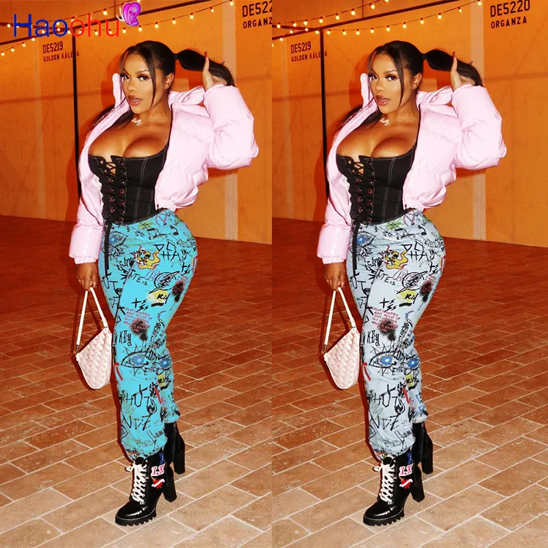 

HAOOHU Summer Flame Graffiti Print Joggers Women Casual Streetwear Sweatpants Femme High Waist Cargo Pants Women Outfit Trousers
