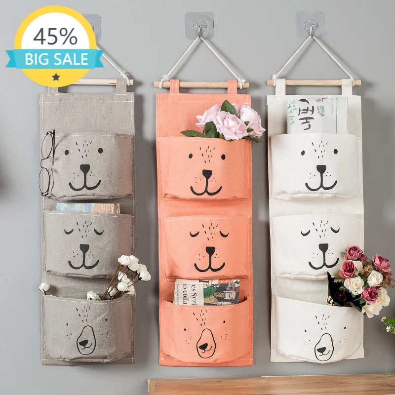 

Wall Hanging Storage Bag, Waterproof Linen Over The Door Organizer with 3 Width Pockets,Fabric Wall Hanging Storage for Bedroom