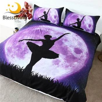BlessLiving Ballet Bedding Set Giant Purple Moon Duvet Cover Dancing Girl Bedspread Galaxy Night Sky Elegant Bed Set 3pcs Queen 1