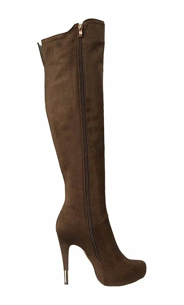 Women's Autumn Winter Knee High Boots Round Toe with Platform Side Zipper Brown Velvet Boots